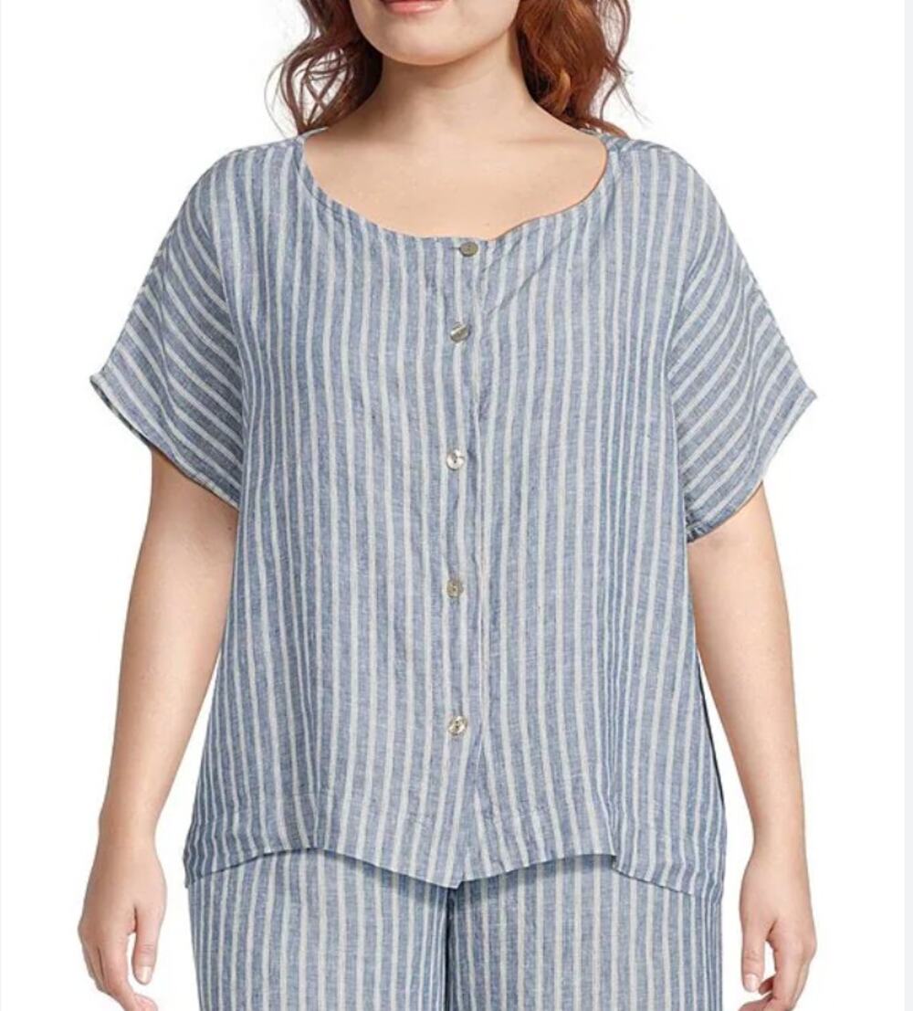 Bryn Walker Bessie Linen Top Medium Blue White Striped Boxy Button Front
